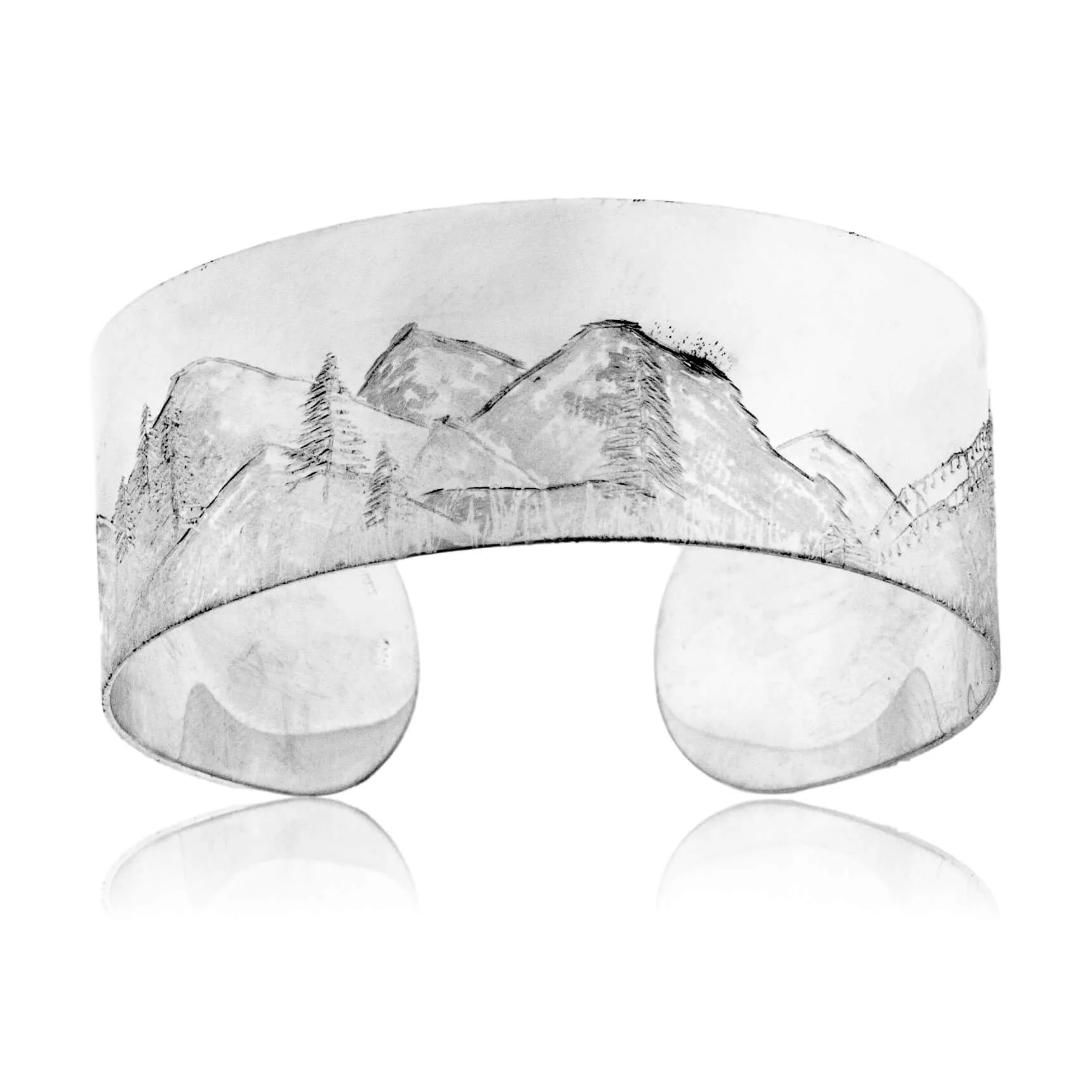 Hand Engraved Mountain Scene on Wide Sterling Silver Bracelet