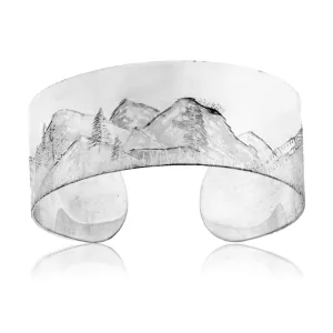 Hand Engraved Mountain Scene on Wide Sterling Silver Bracelet