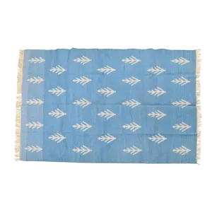 Handwoven White Floral Blue Cotton Rug with Fringes