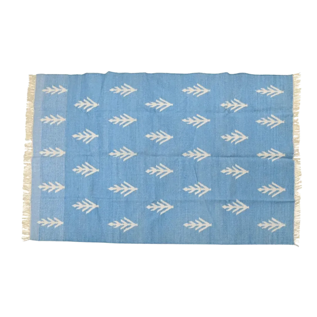 Handwoven White Floral Blue Cotton Rug with Fringes