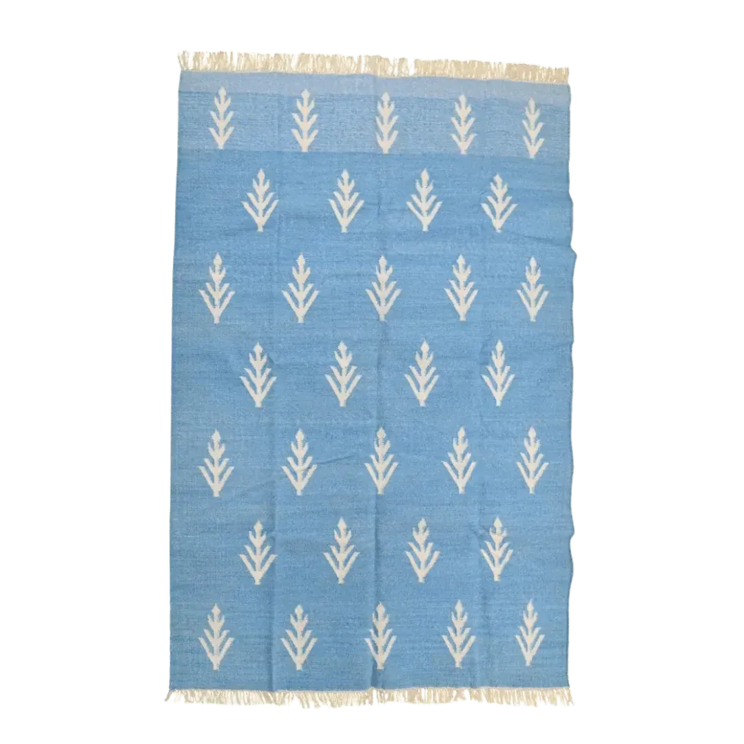Handwoven White Floral Blue Cotton Rug with Fringes