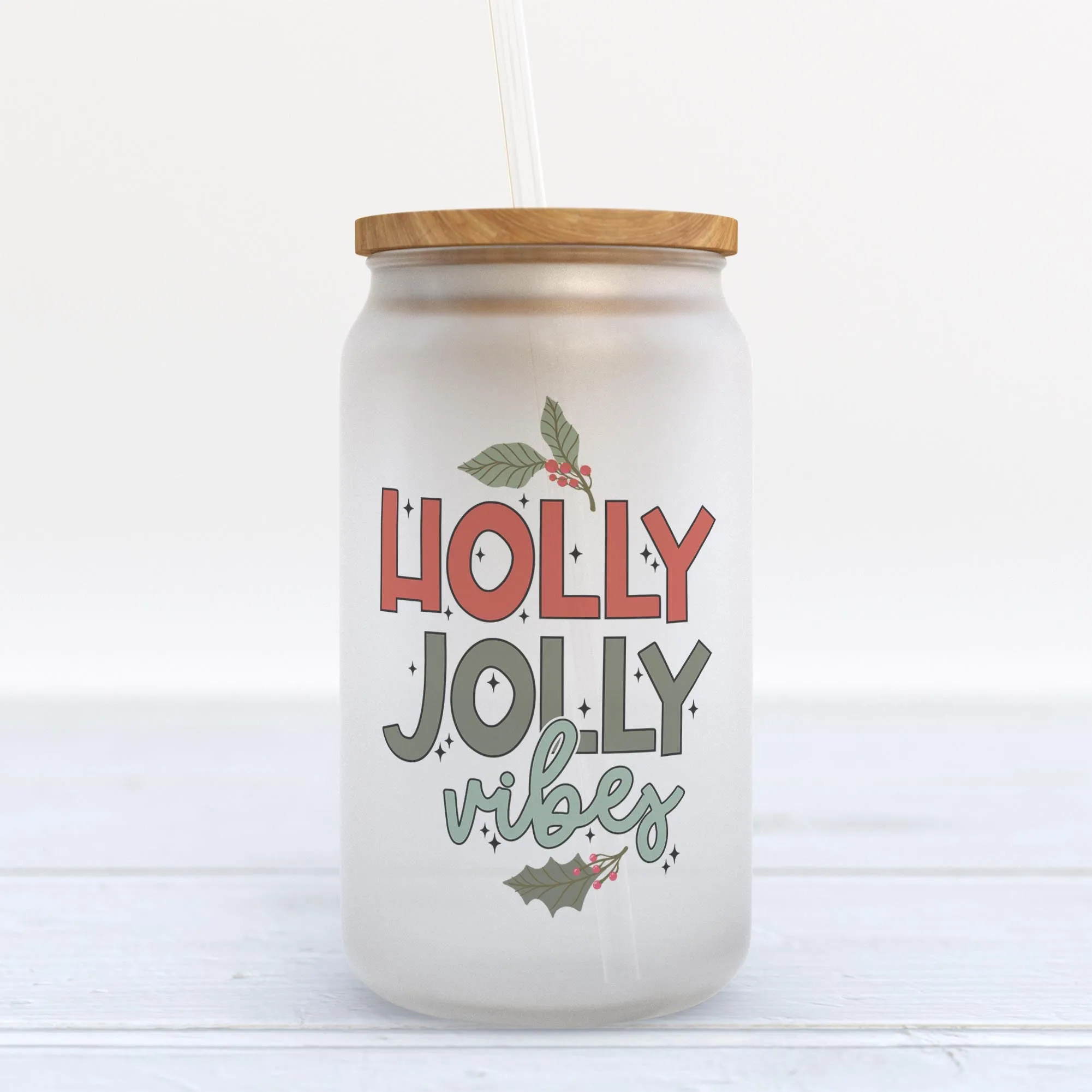 Holly Jolly Vibes Christmas Frosted Glass Can Tumbler