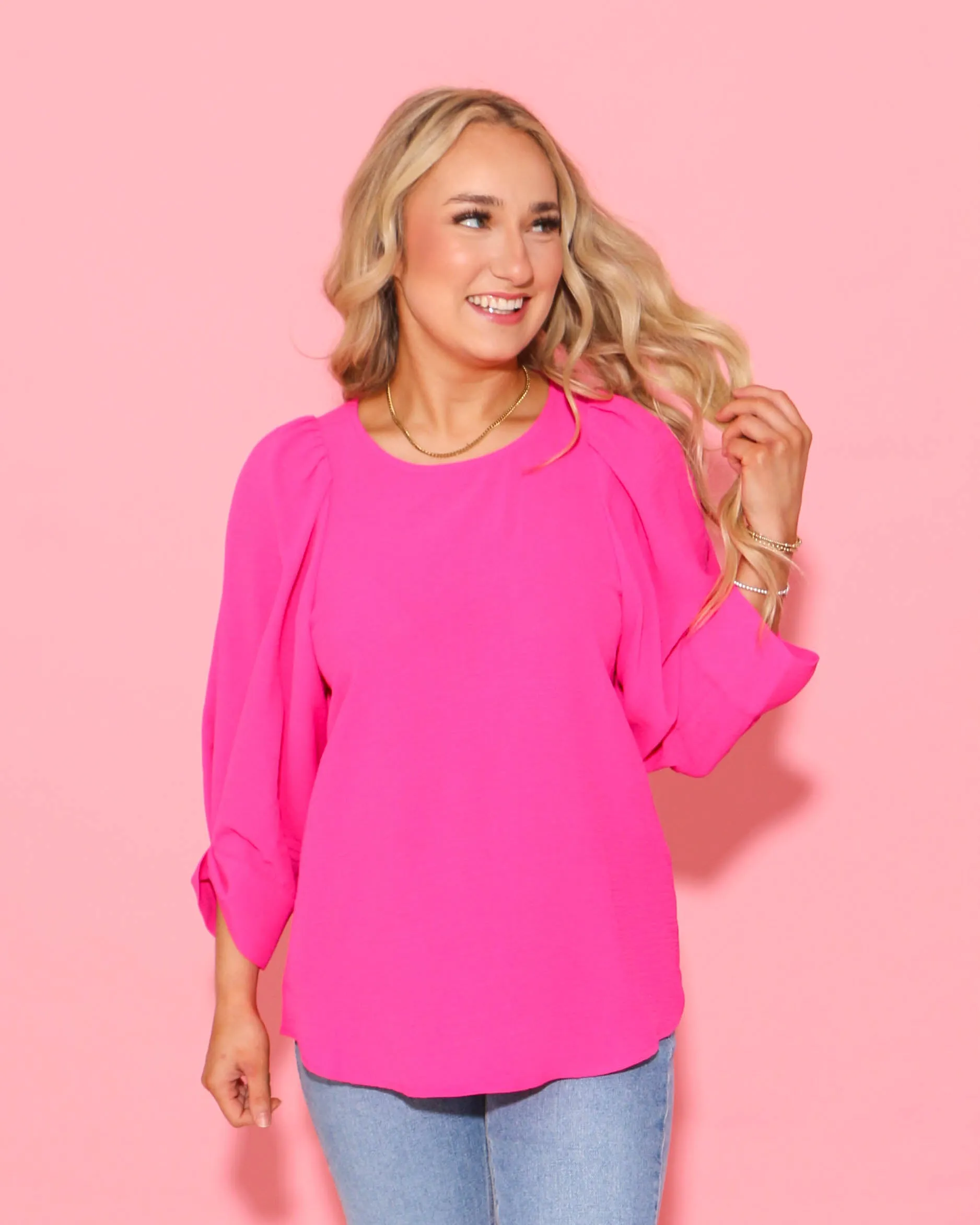 Hot Pink Tucked Sleeve Top