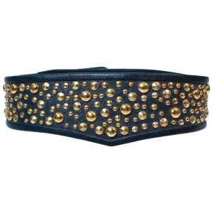JAMES GALANOS Vintage Navy Leather Gold Stud Applique Belt Size 4-6