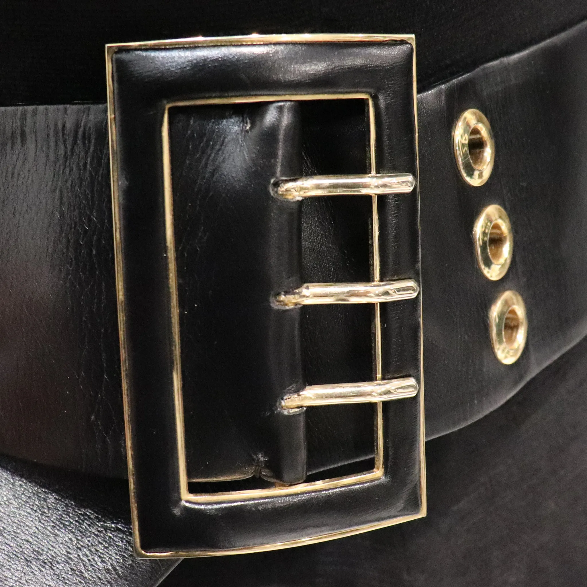 Judith Leiber Black Belt W/ Gold Rectangle Buckle
