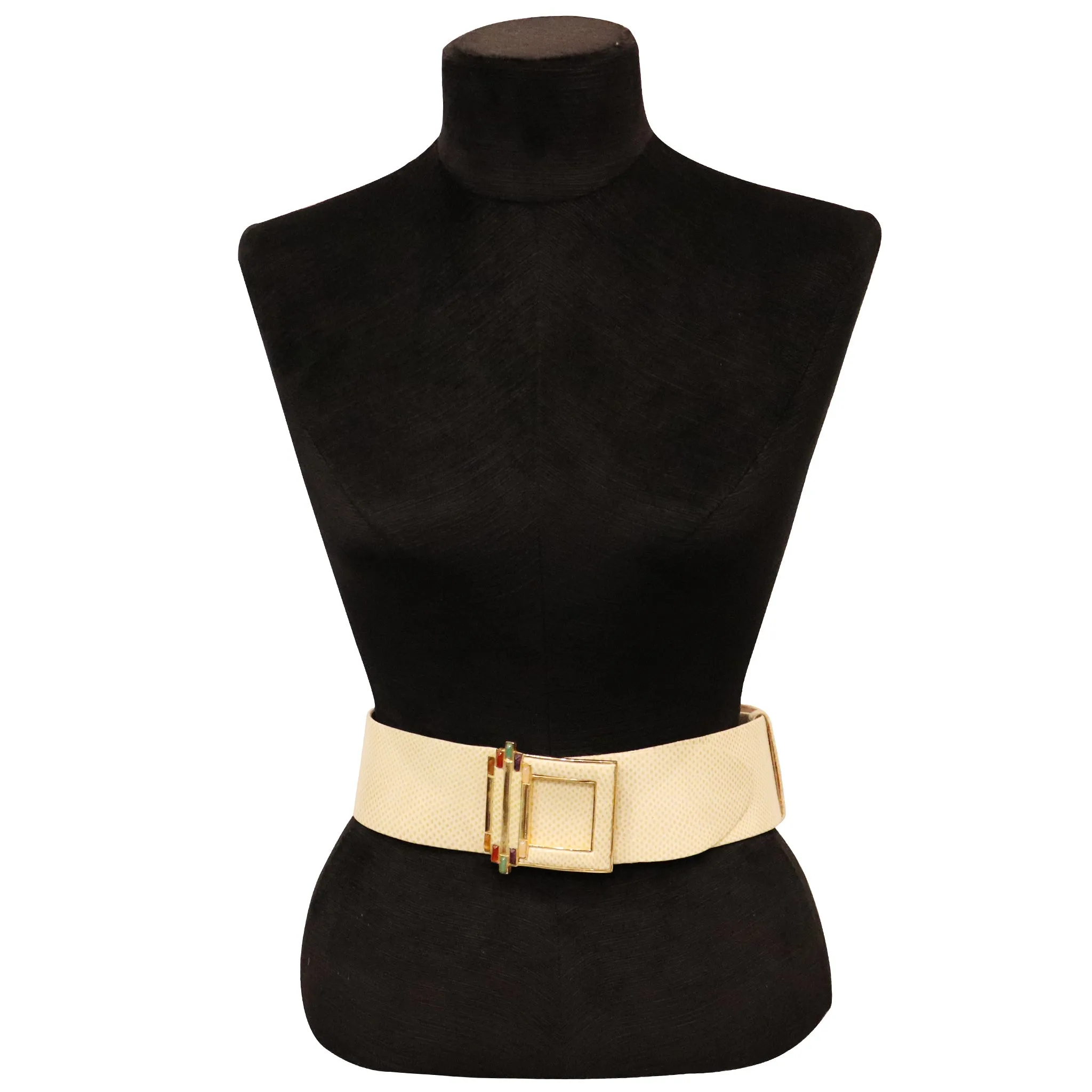 Judith Leiber Cream Belt W/ Signature Jewels On Gold Buckle