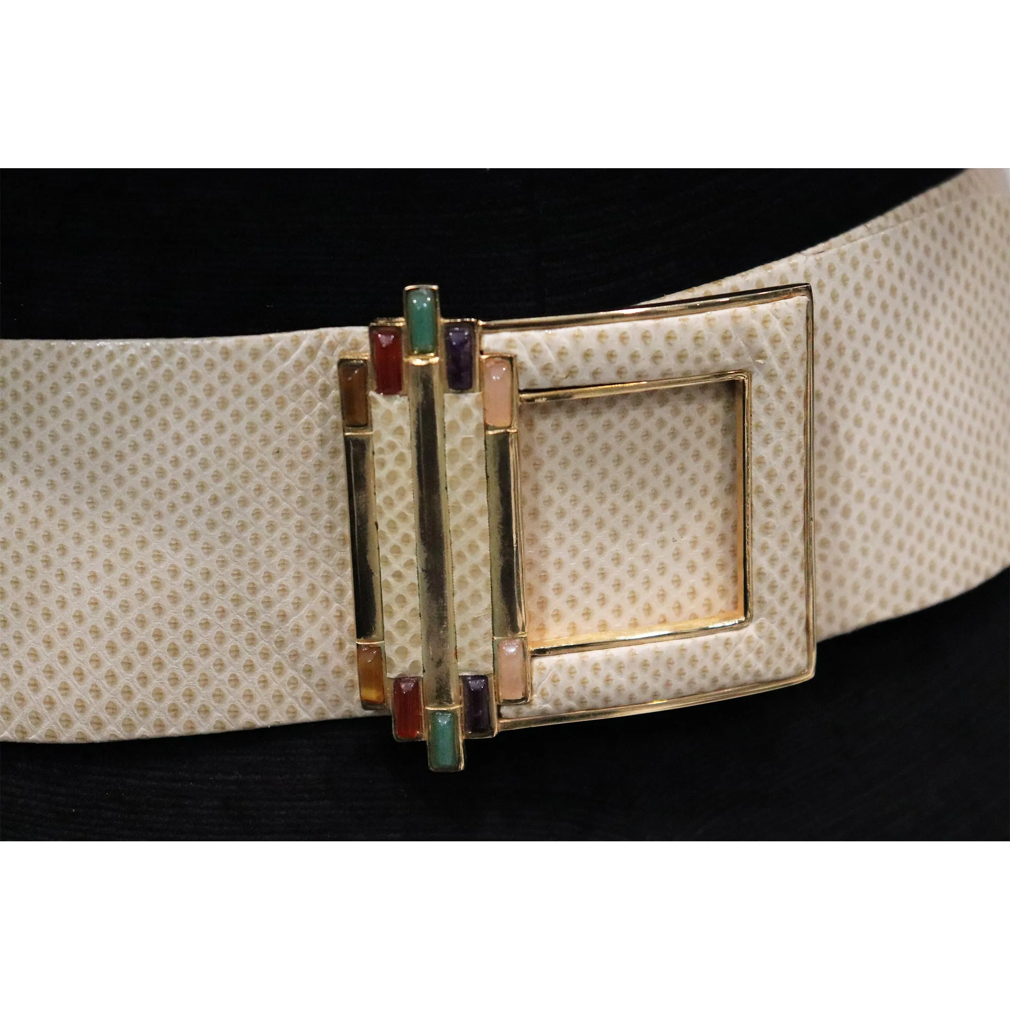 Judith Leiber Cream Belt W/ Signature Jewels On Gold Buckle