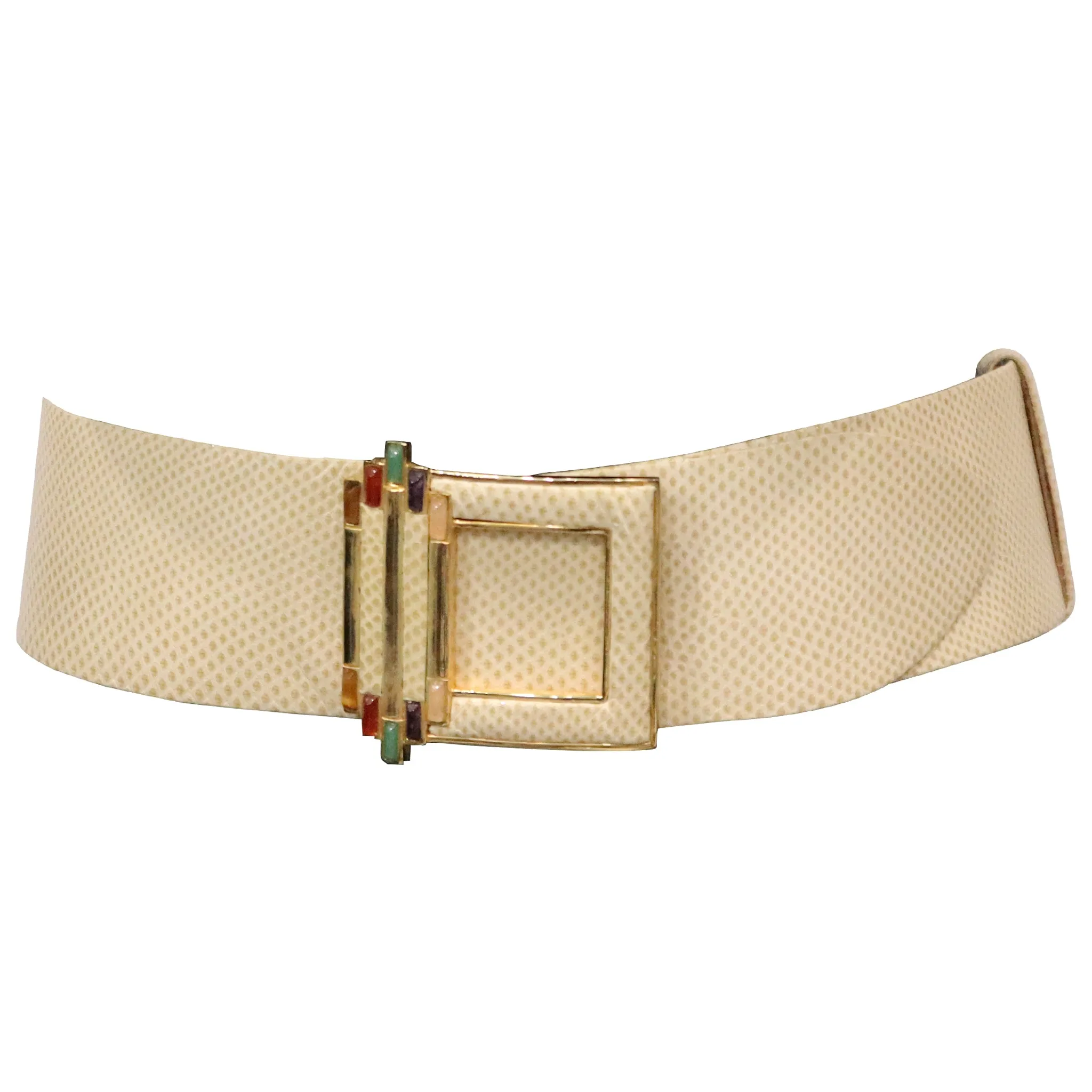 Judith Leiber Cream Belt W/ Signature Jewels On Gold Buckle
