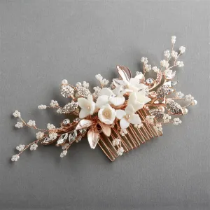 Light Rose, White Resin Flowers, Crystals & Pearl Sprays Rose Gold Hair Comb