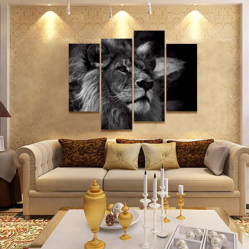 Lion Head Portrait Wall Art Painting Print On Canvas | 4 Panels Modern Animal Picture