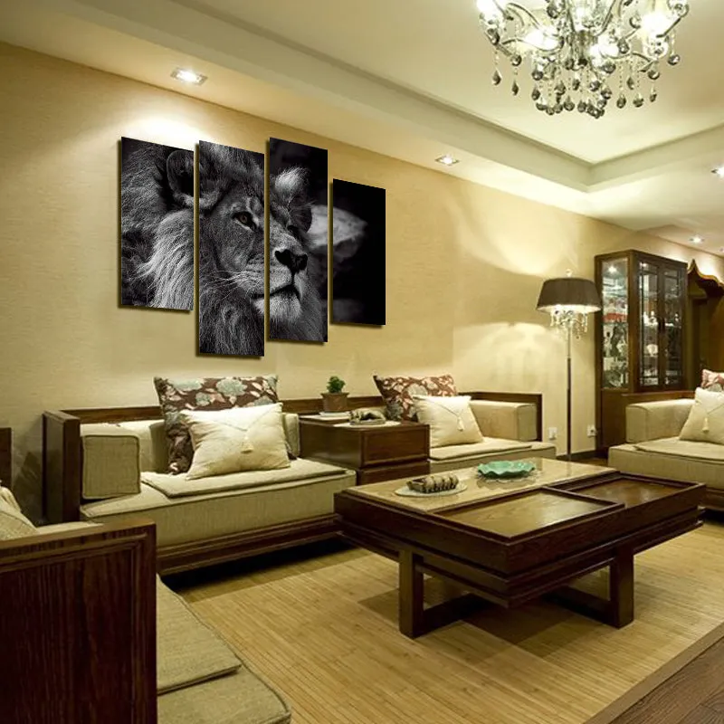 Lion Head Portrait Wall Art Painting Print On Canvas | 4 Panels Modern Animal Picture