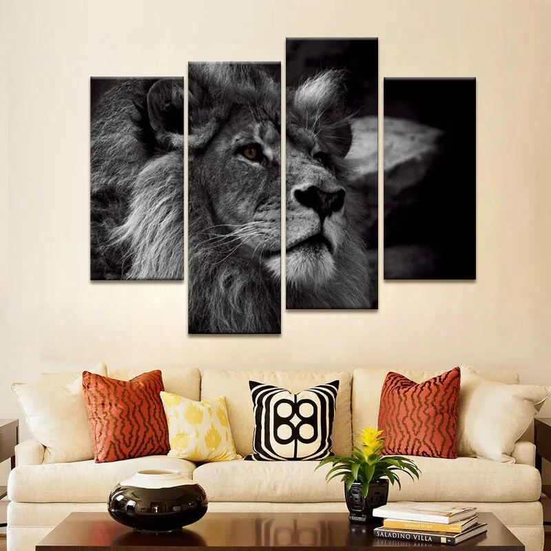 Lion Head Portrait Wall Art Painting Print On Canvas | 4 Panels Modern Animal Picture
