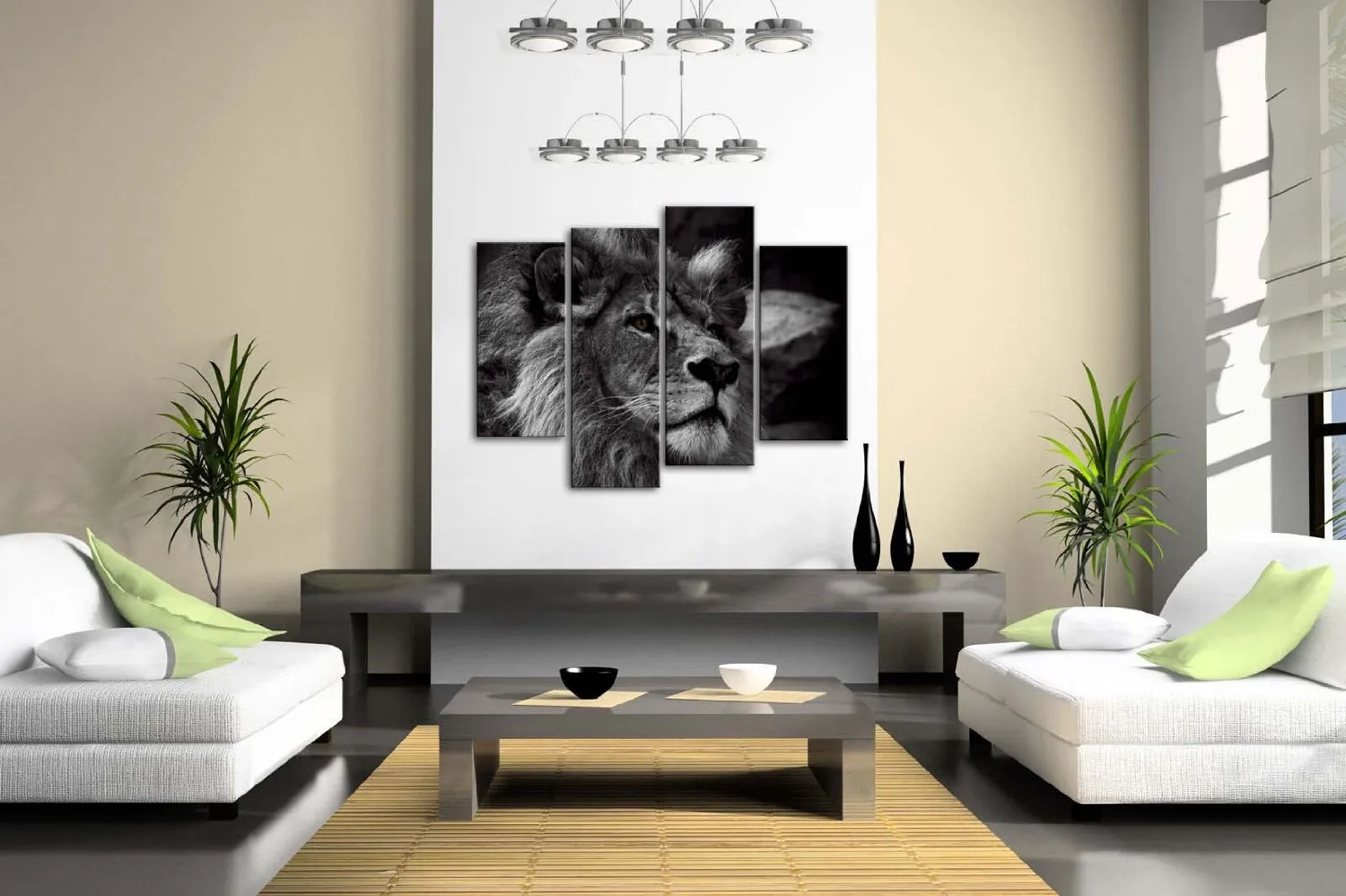 Lion Head Portrait Wall Art Painting Print On Canvas | 4 Panels Modern Animal Picture