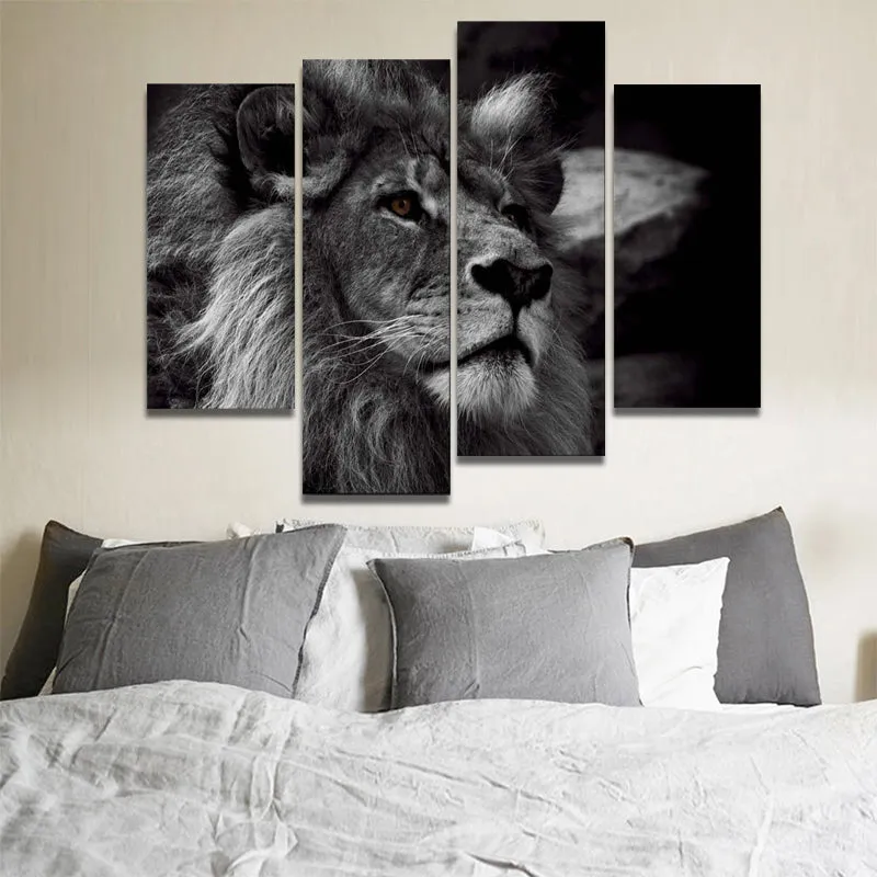 Lion Head Portrait Wall Art Painting Print On Canvas | 4 Panels Modern Animal Picture