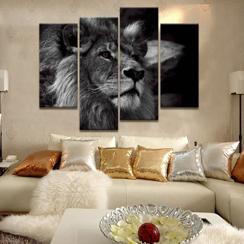 Lion Head Portrait Wall Art Painting Print On Canvas | 4 Panels Modern Animal Picture