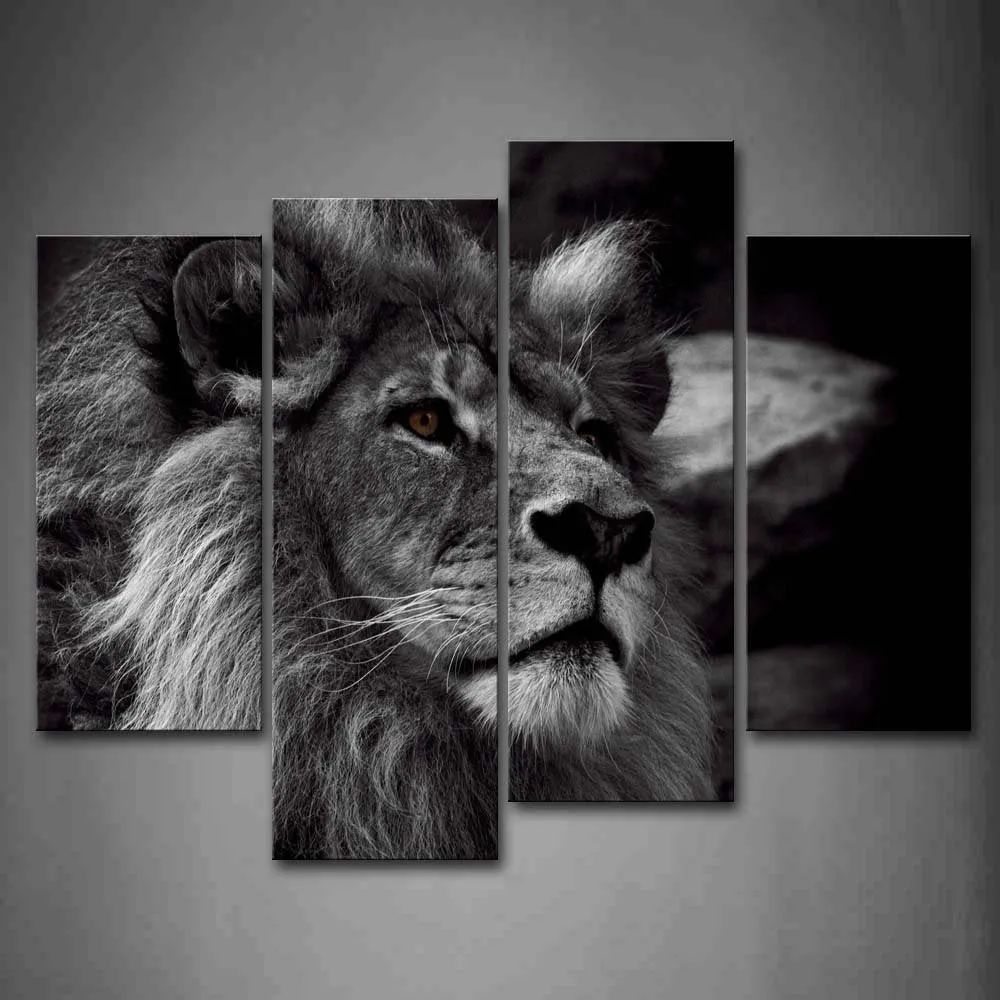 Lion Head Portrait Wall Art Painting Print On Canvas | 4 Panels Modern Animal Picture