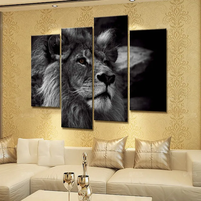 Lion Head Portrait Wall Art Painting Print On Canvas | 4 Panels Modern Animal Picture