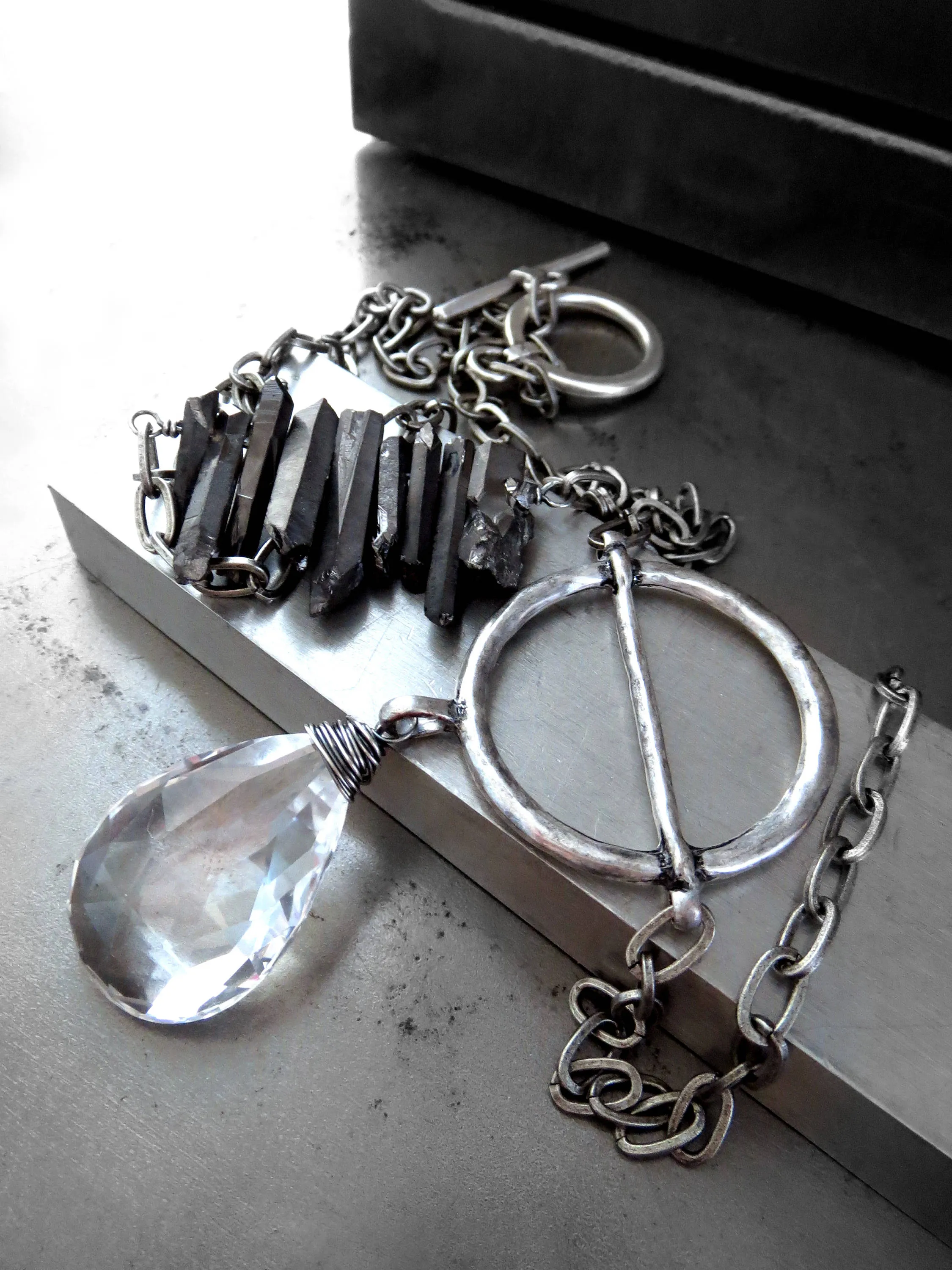 LUNAR - Clear Quartz Gemstone Teardrop with Silver Circle Pendant