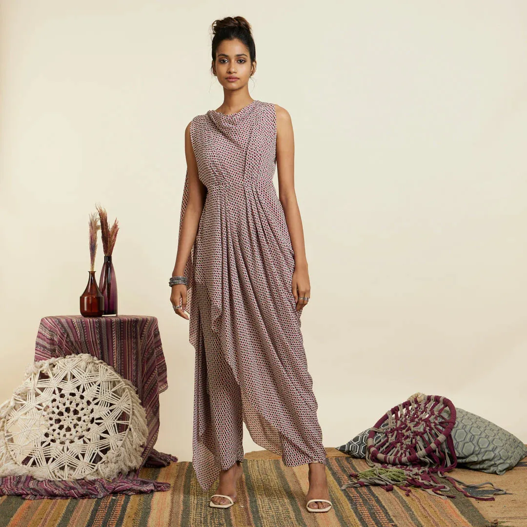 MERLOT GEOMETRIC PRINT CROP TOP WITH ATTACHED DRAPE WITH PANTS
