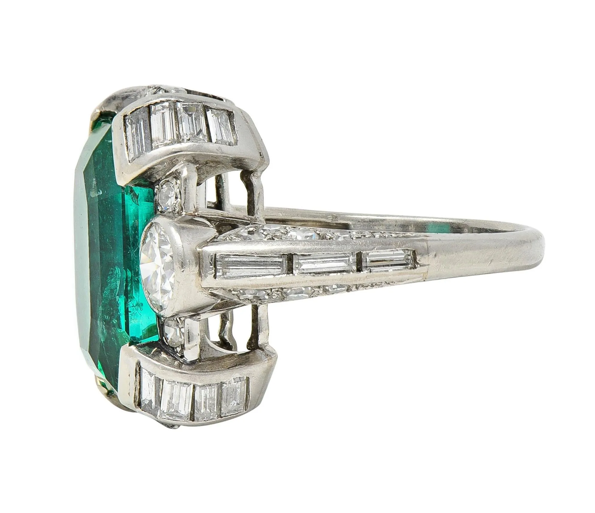 Mid-Century 9.90 CTW Colombian Emerald Diamond Platinum Vintage Cocktail Ring AGL