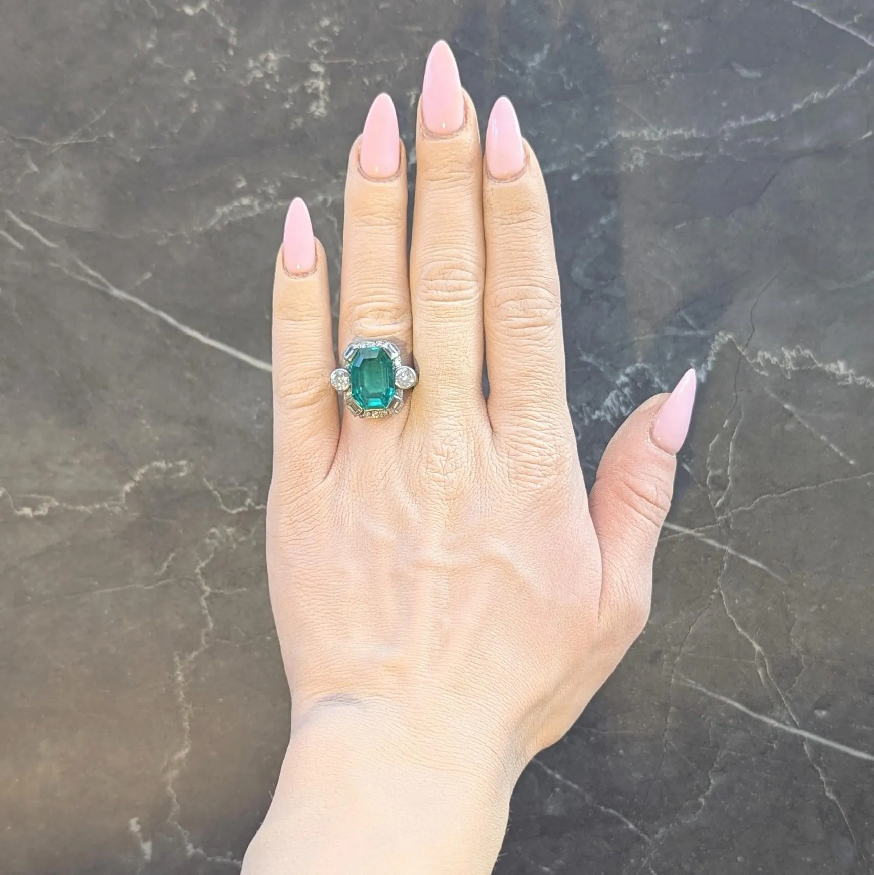 Mid-Century 9.90 CTW Colombian Emerald Diamond Platinum Vintage Cocktail Ring AGL