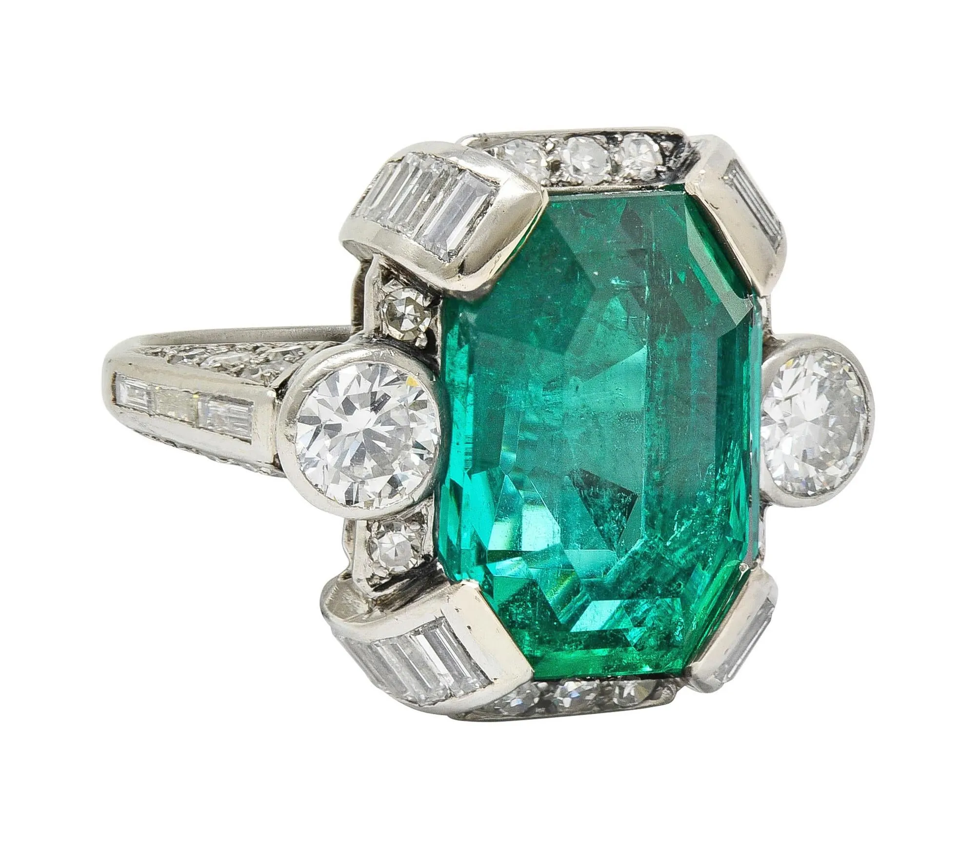 Mid-Century 9.90 CTW Colombian Emerald Diamond Platinum Vintage Cocktail Ring AGL