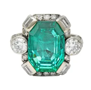 Mid-Century 9.90 CTW Colombian Emerald Diamond Platinum Vintage Cocktail Ring AGL