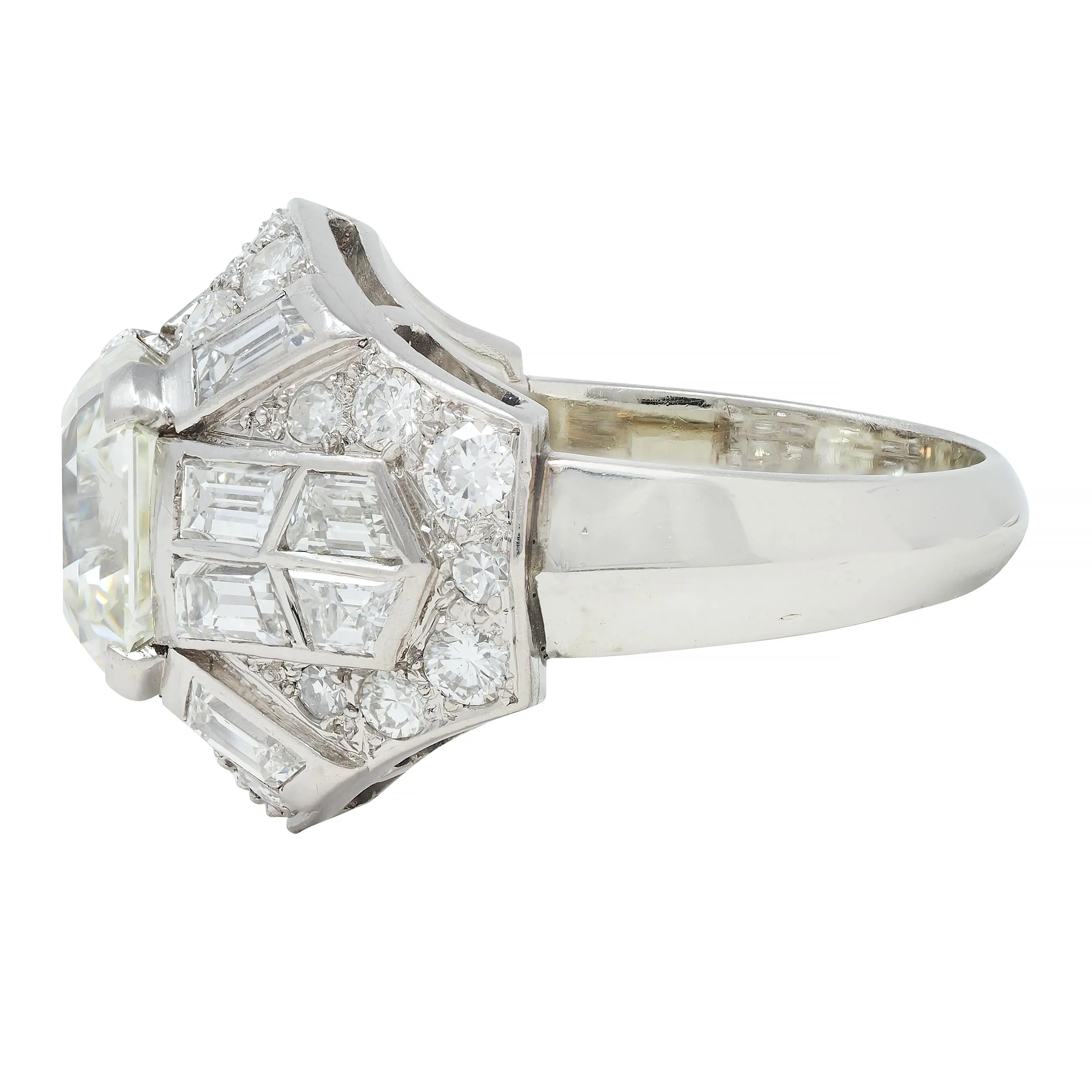 Mid-Century French 7.13 CTW Asscher Diamond Platinum 18 Karat White Gold Vintage Dome Ring GIA
