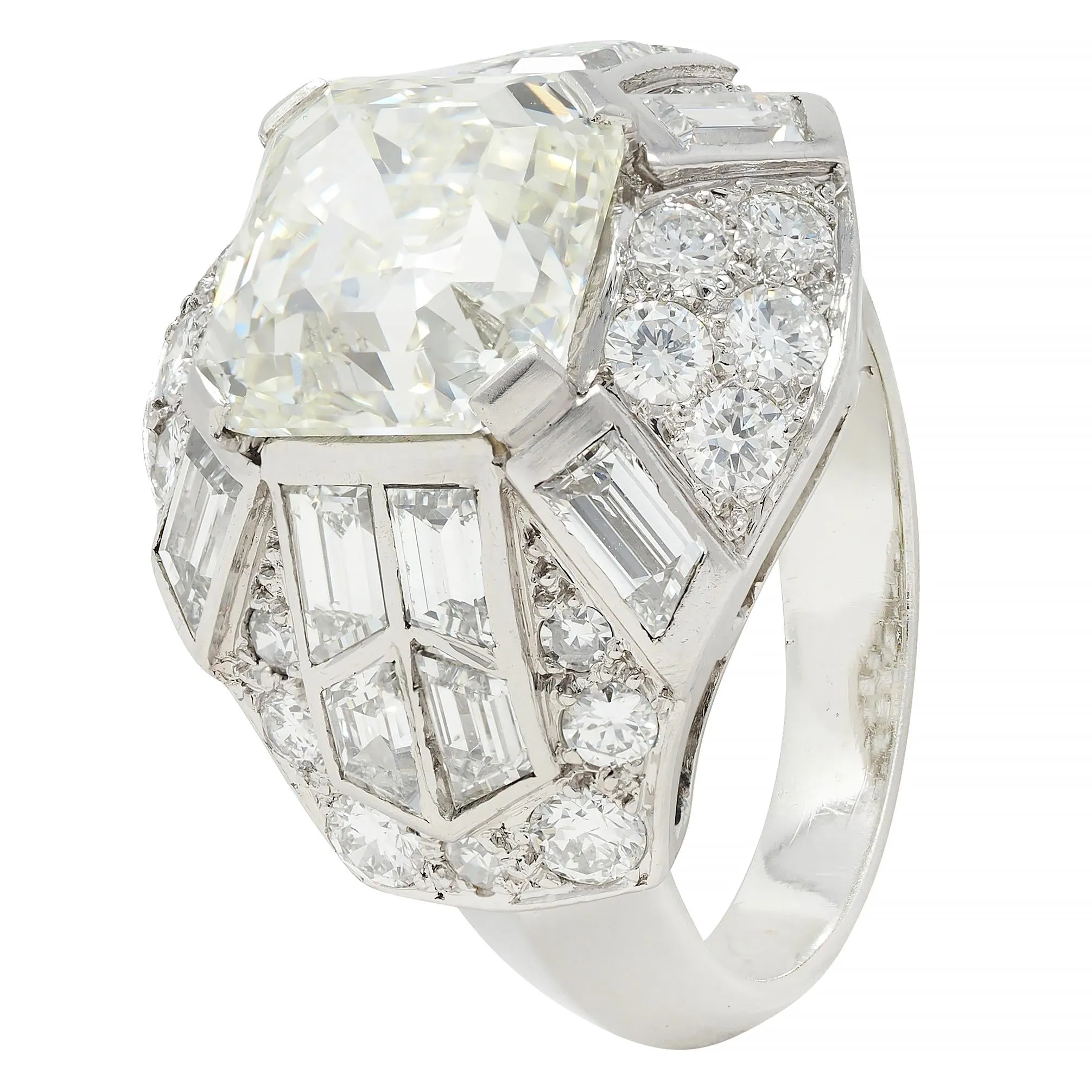 Mid-Century French 7.13 CTW Asscher Diamond Platinum 18 Karat White Gold Vintage Dome Ring GIA