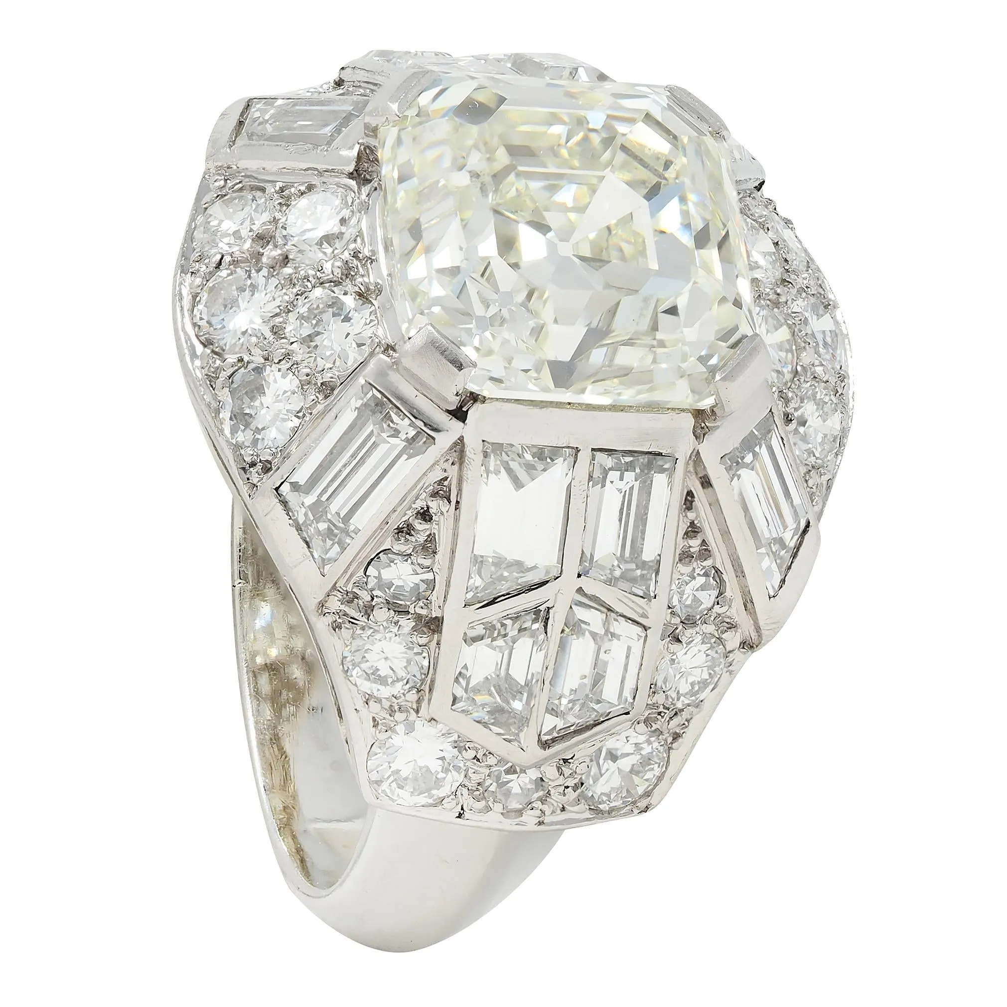 Mid-Century French 7.13 CTW Asscher Diamond Platinum 18 Karat White Gold Vintage Dome Ring GIA