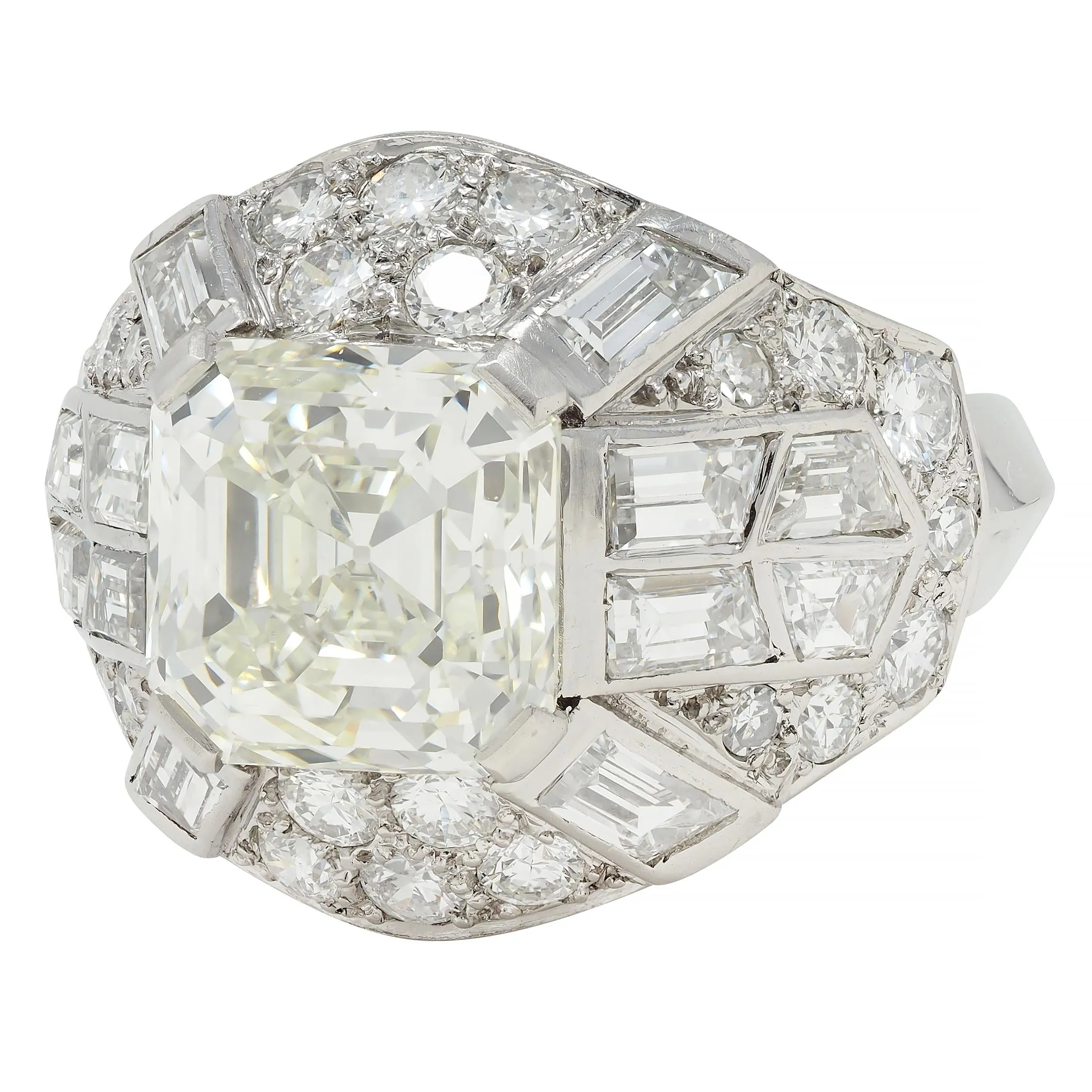 Mid-Century French 7.13 CTW Asscher Diamond Platinum 18 Karat White Gold Vintage Dome Ring GIA