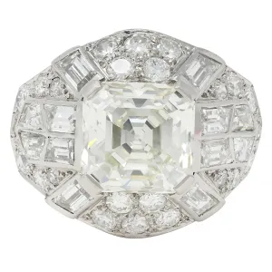 Mid-Century French 7.13 CTW Asscher Diamond Platinum 18 Karat White Gold Vintage Dome Ring GIA