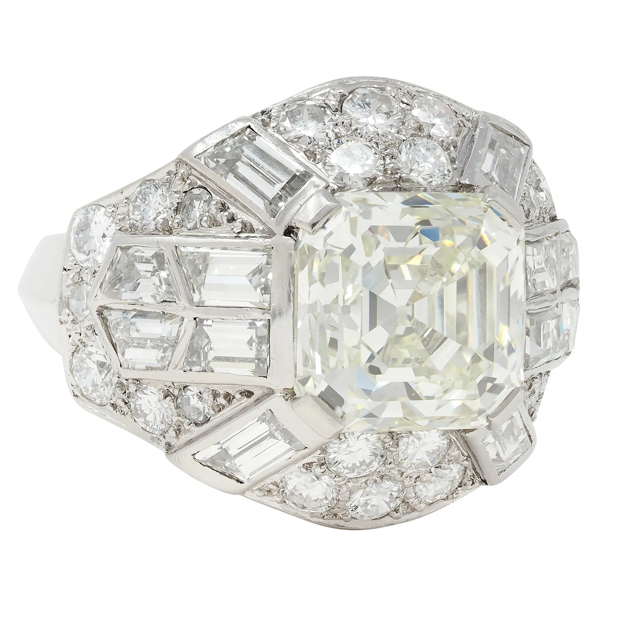 Mid-Century French 7.13 CTW Asscher Diamond Platinum 18 Karat White Gold Vintage Dome Ring GIA