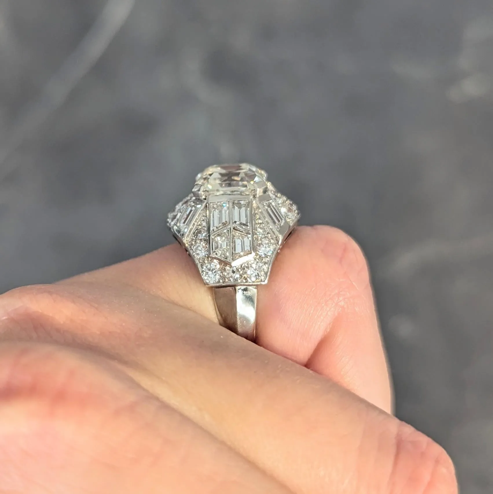 Mid-Century French 7.13 CTW Asscher Diamond Platinum 18 Karat White Gold Vintage Dome Ring GIA