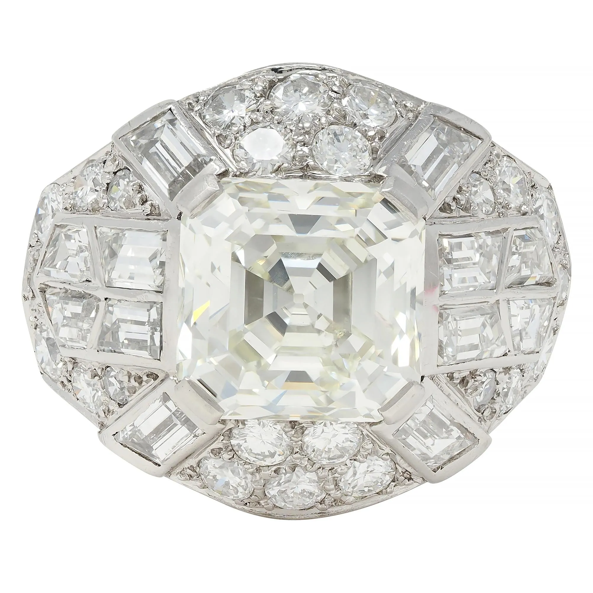 Mid-Century French 7.13 CTW Asscher Diamond Platinum 18 Karat White Gold Vintage Dome Ring GIA