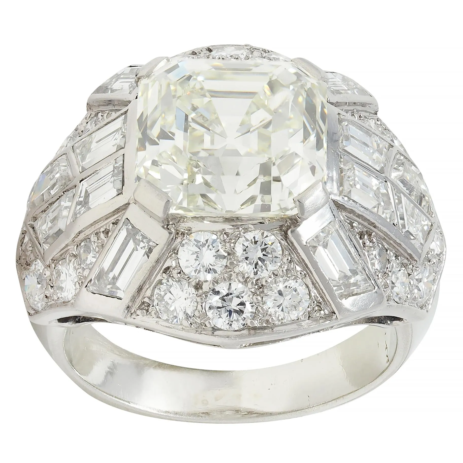 Mid-Century French 7.13 CTW Asscher Diamond Platinum 18 Karat White Gold Vintage Dome Ring GIA