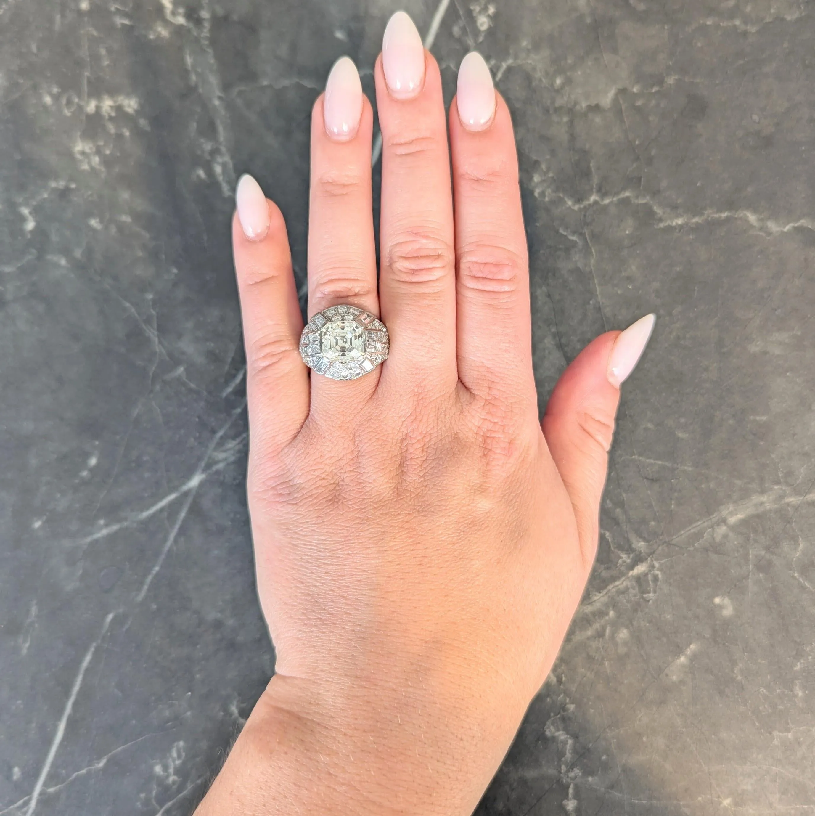 Mid-Century French 7.13 CTW Asscher Diamond Platinum 18 Karat White Gold Vintage Dome Ring GIA