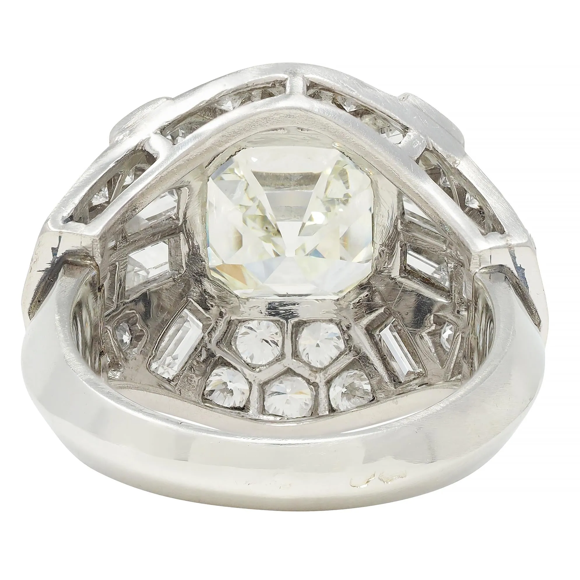 Mid-Century French 7.13 CTW Asscher Diamond Platinum 18 Karat White Gold Vintage Dome Ring GIA
