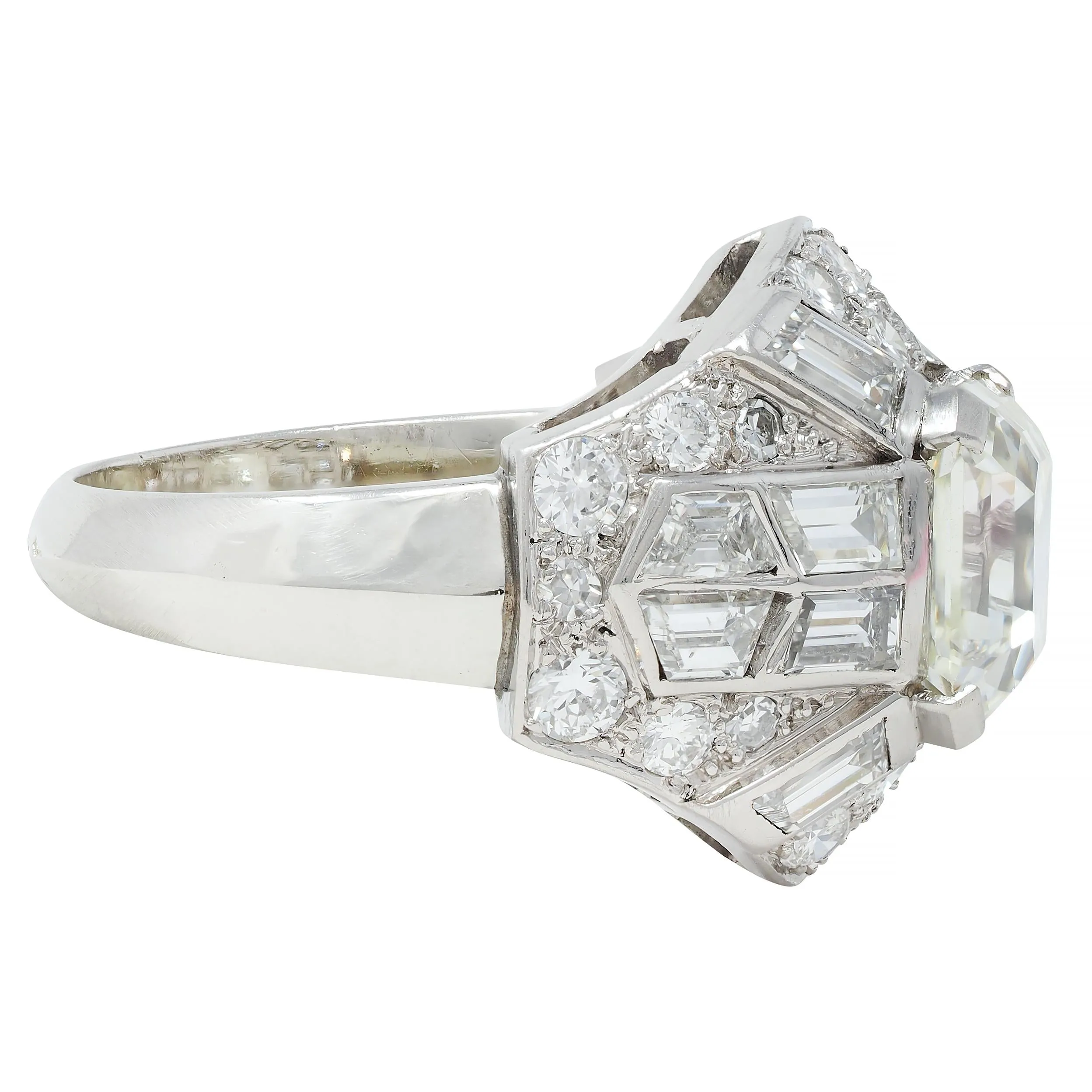 Mid-Century French 7.13 CTW Asscher Diamond Platinum 18 Karat White Gold Vintage Dome Ring GIA