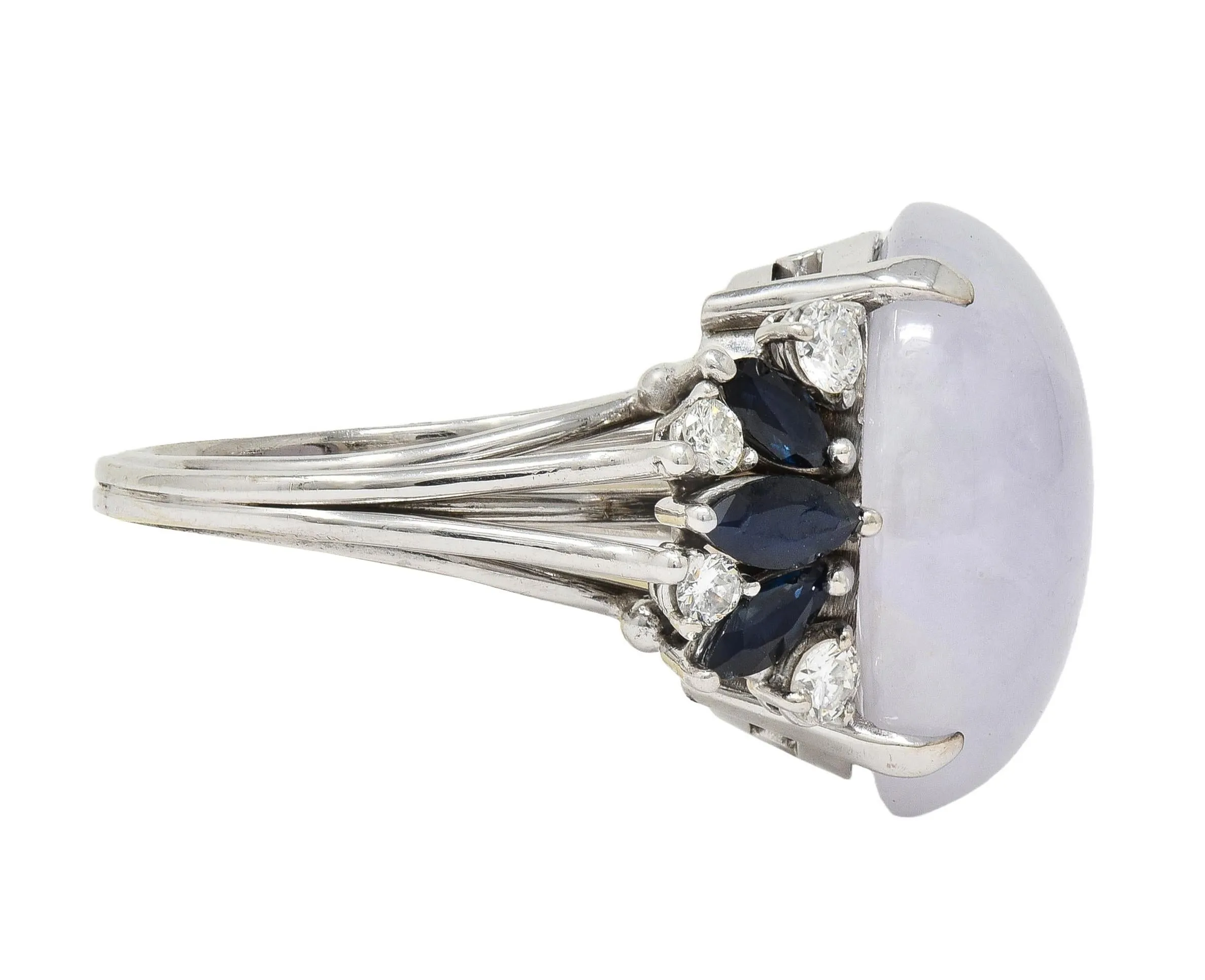 Mid-Century Lavender Jade Sapphire Diamond 14 Karat White Gold Vintage Cocktail Ring