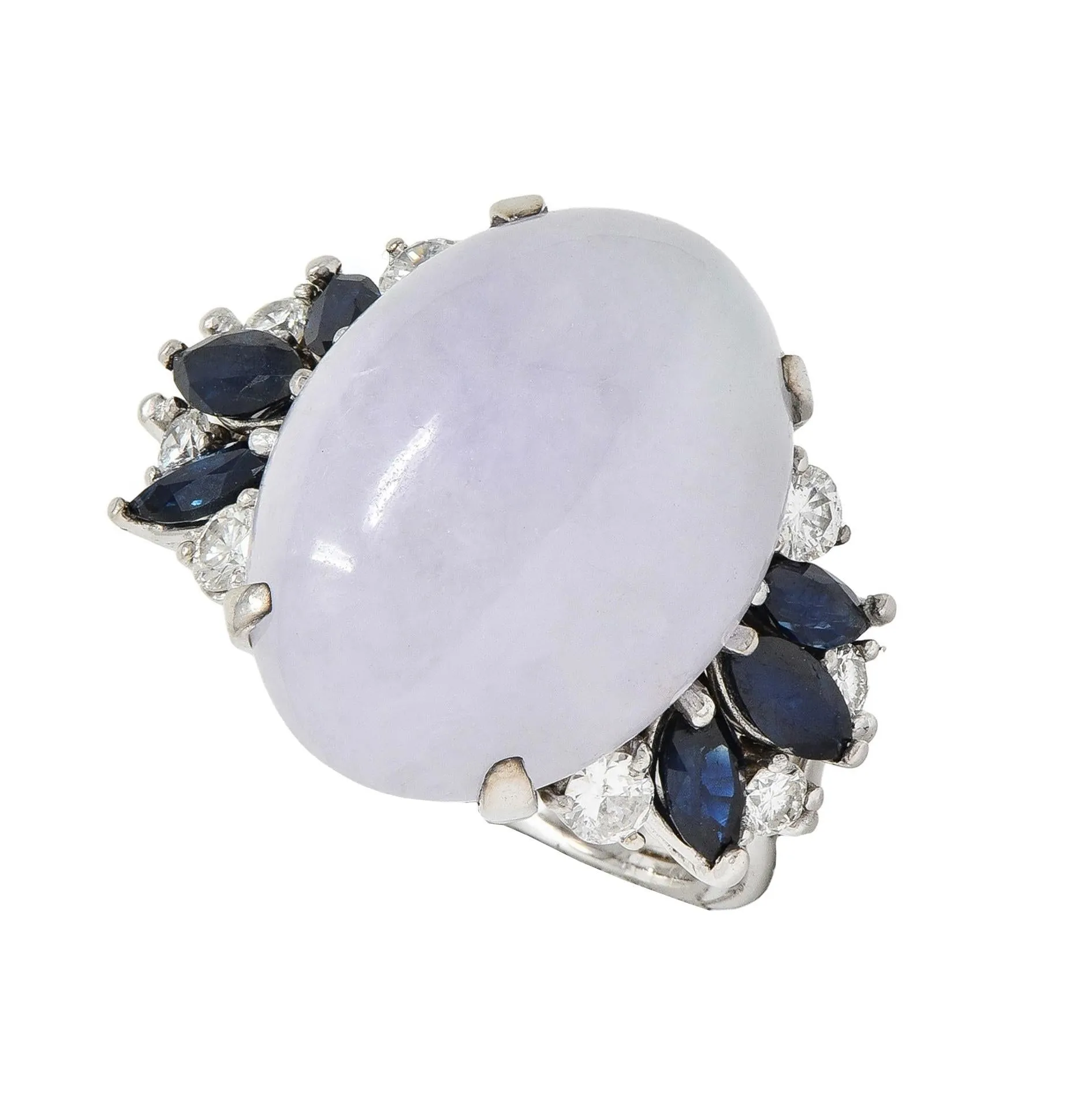 Mid-Century Lavender Jade Sapphire Diamond 14 Karat White Gold Vintage Cocktail Ring