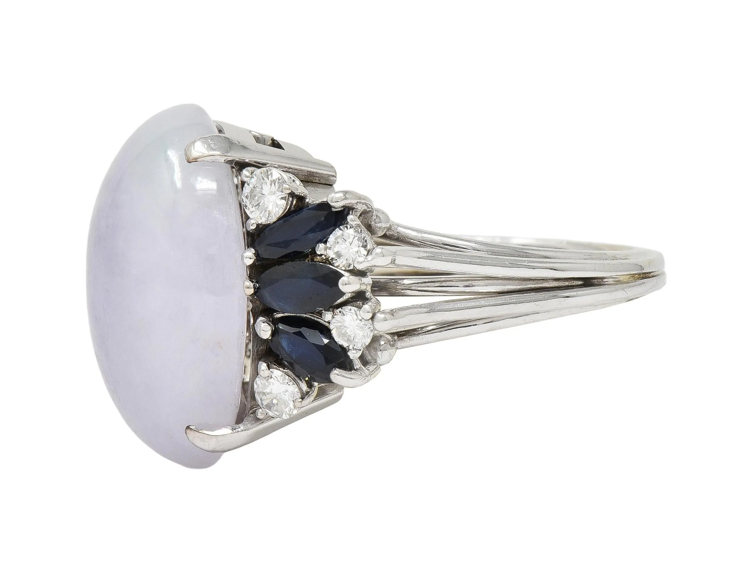 Mid-Century Lavender Jade Sapphire Diamond 14 Karat White Gold Vintage Cocktail Ring