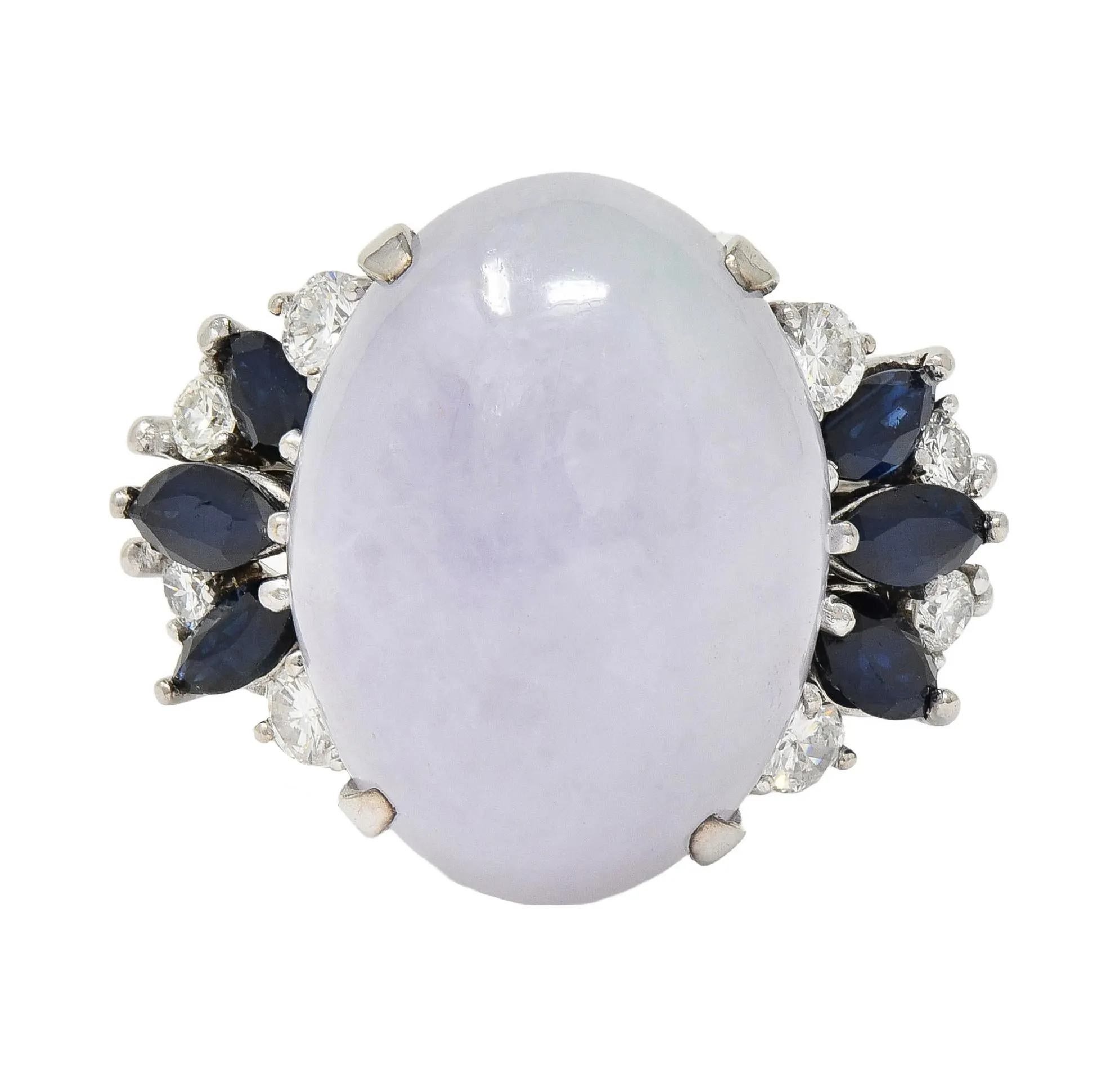 Mid-Century Lavender Jade Sapphire Diamond 14 Karat White Gold Vintage Cocktail Ring