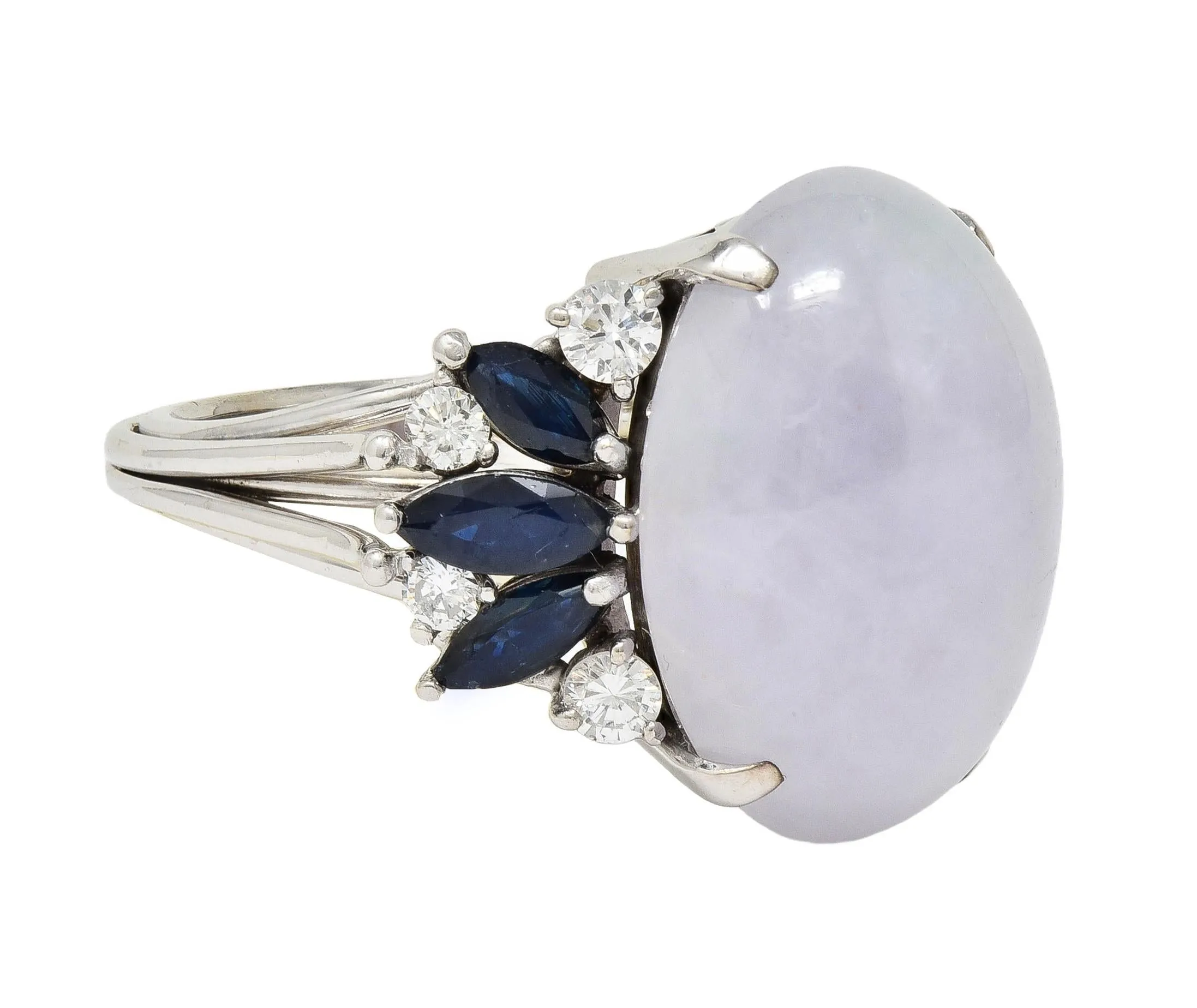 Mid-Century Lavender Jade Sapphire Diamond 14 Karat White Gold Vintage Cocktail Ring