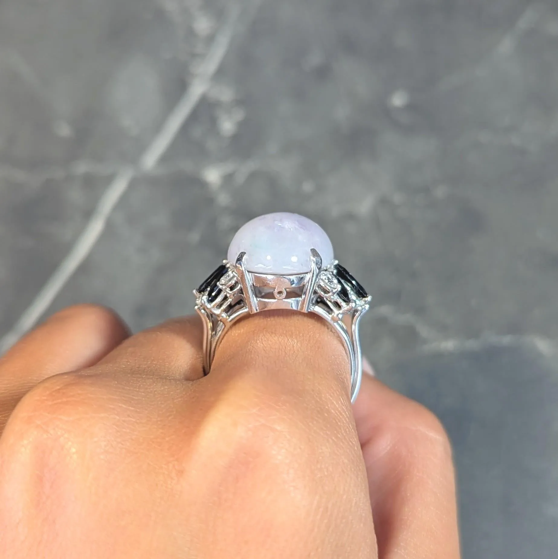 Mid-Century Lavender Jade Sapphire Diamond 14 Karat White Gold Vintage Cocktail Ring