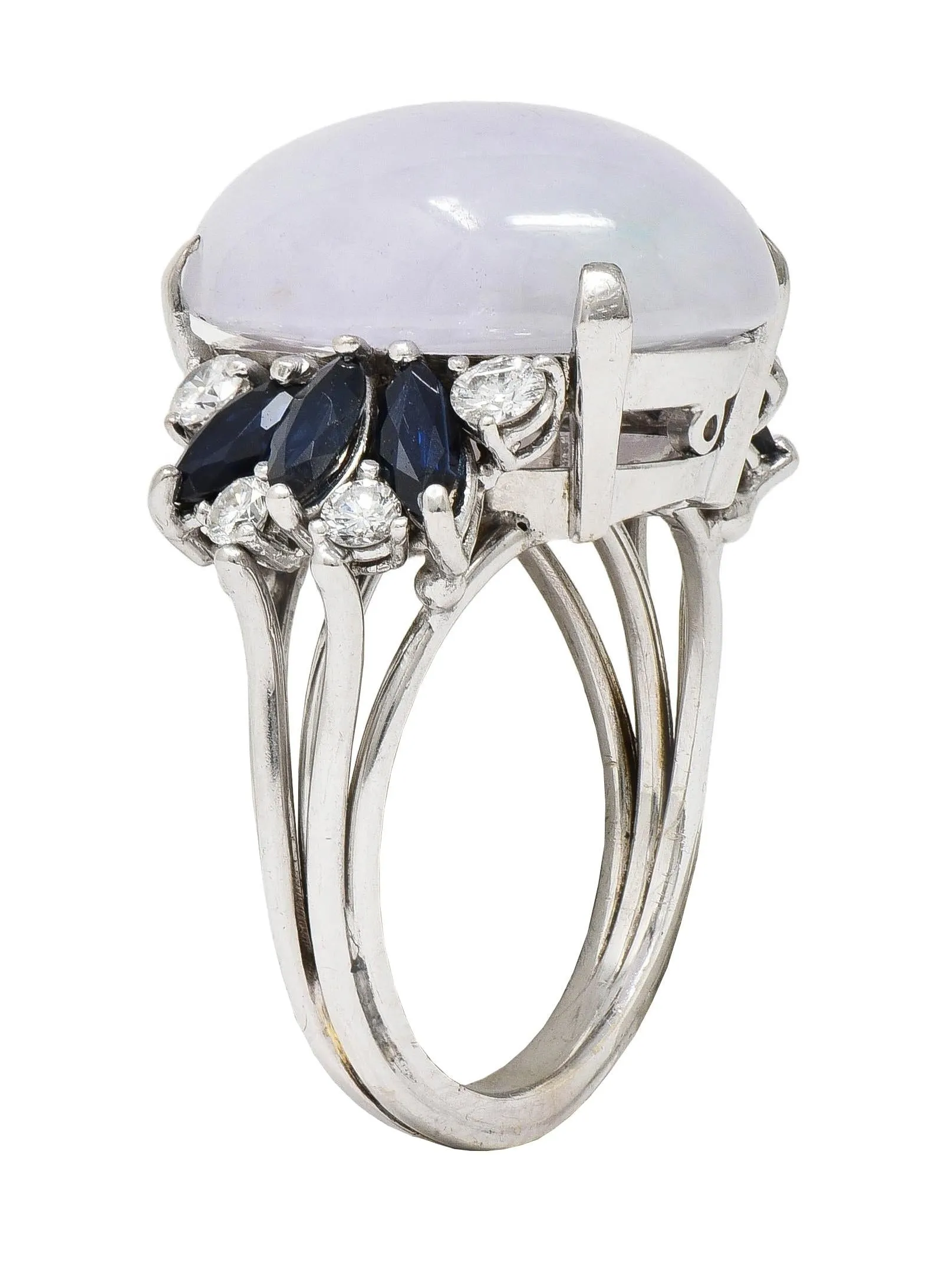 Mid-Century Lavender Jade Sapphire Diamond 14 Karat White Gold Vintage Cocktail Ring
