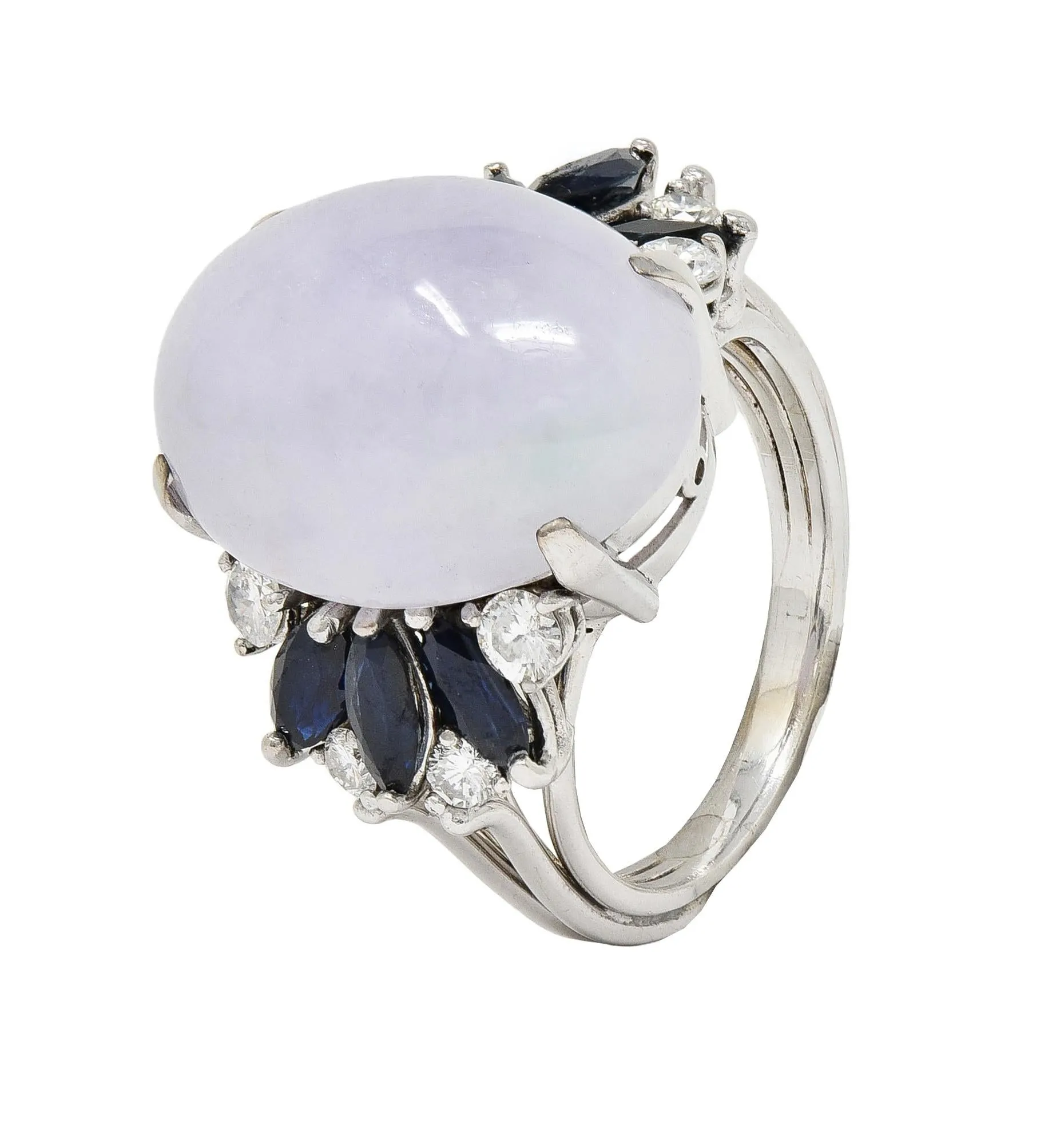 Mid-Century Lavender Jade Sapphire Diamond 14 Karat White Gold Vintage Cocktail Ring