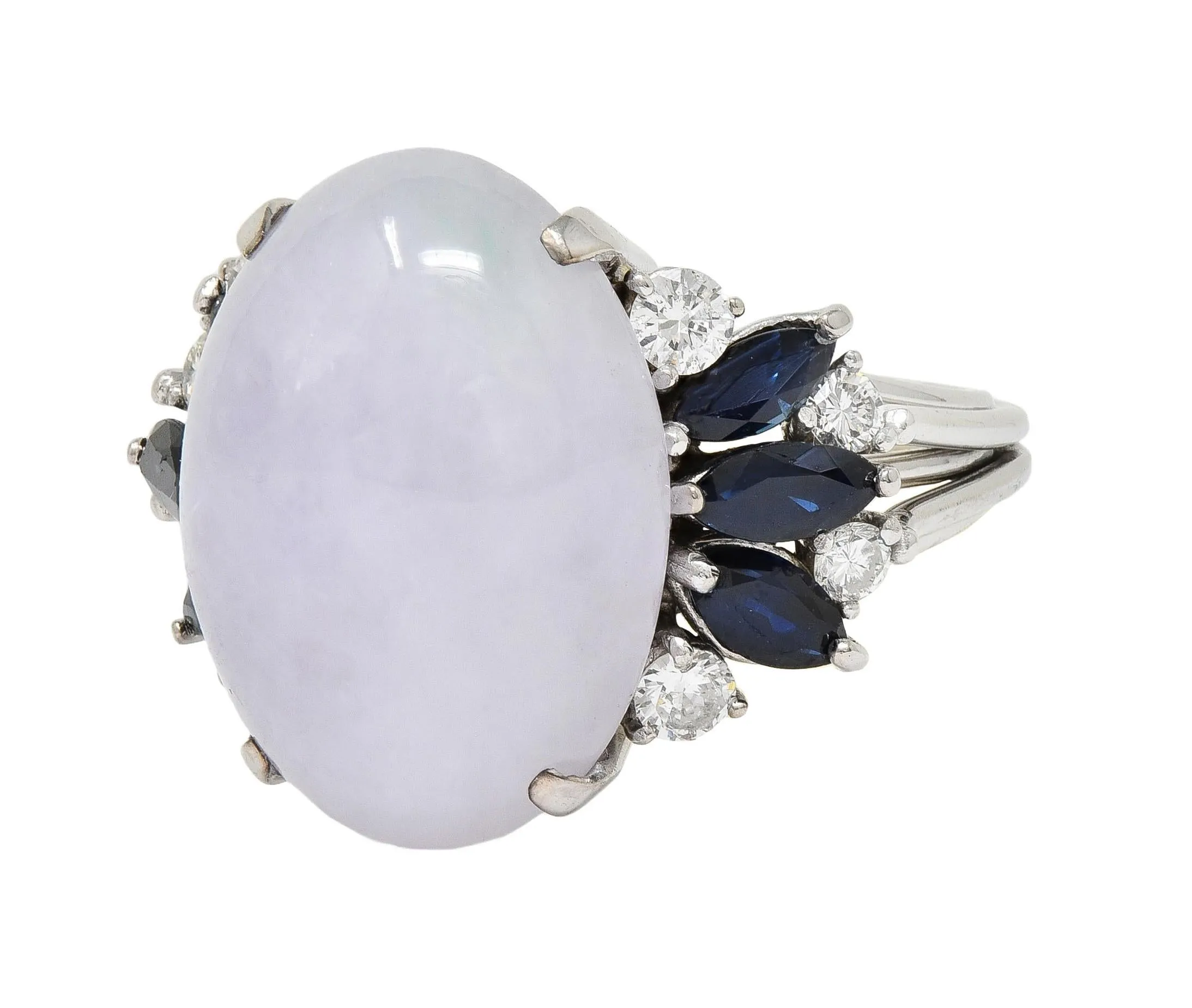 Mid-Century Lavender Jade Sapphire Diamond 14 Karat White Gold Vintage Cocktail Ring