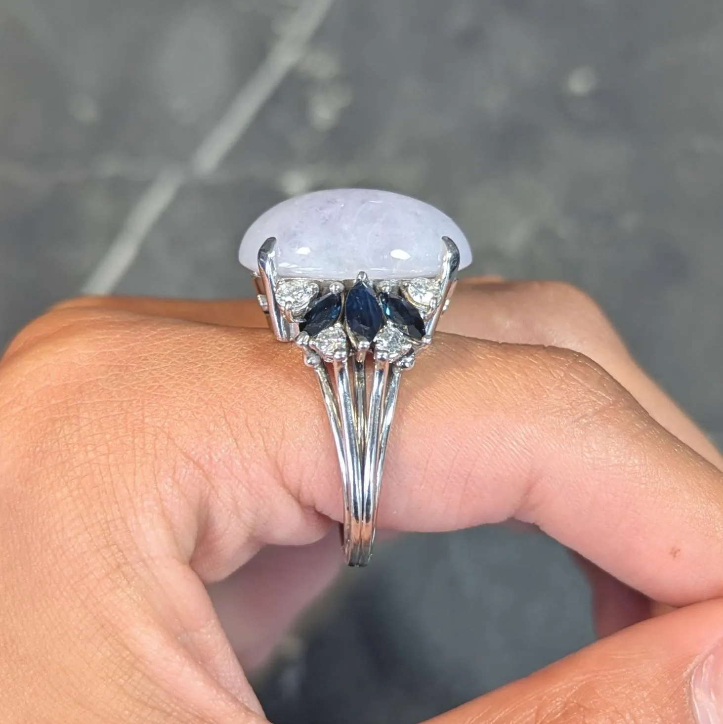 Mid-Century Lavender Jade Sapphire Diamond 14 Karat White Gold Vintage Cocktail Ring