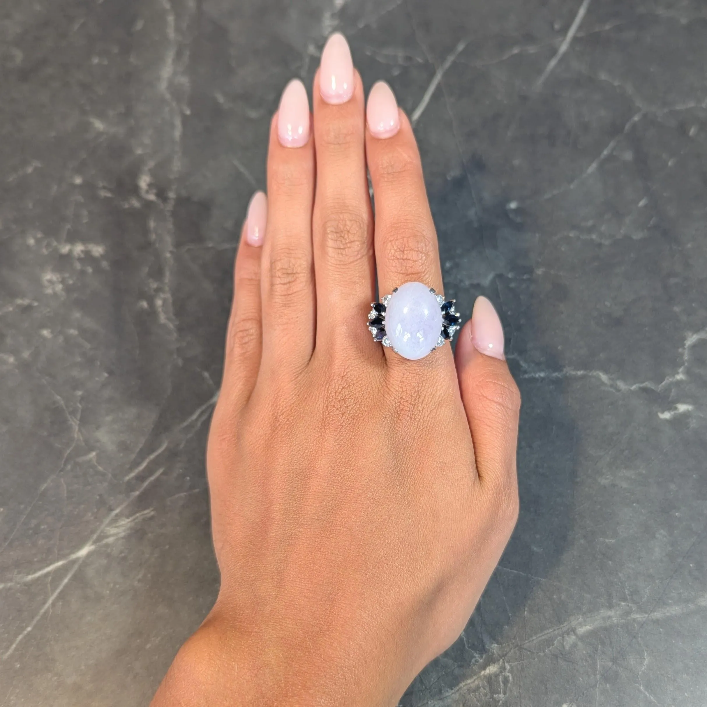 Mid-Century Lavender Jade Sapphire Diamond 14 Karat White Gold Vintage Cocktail Ring